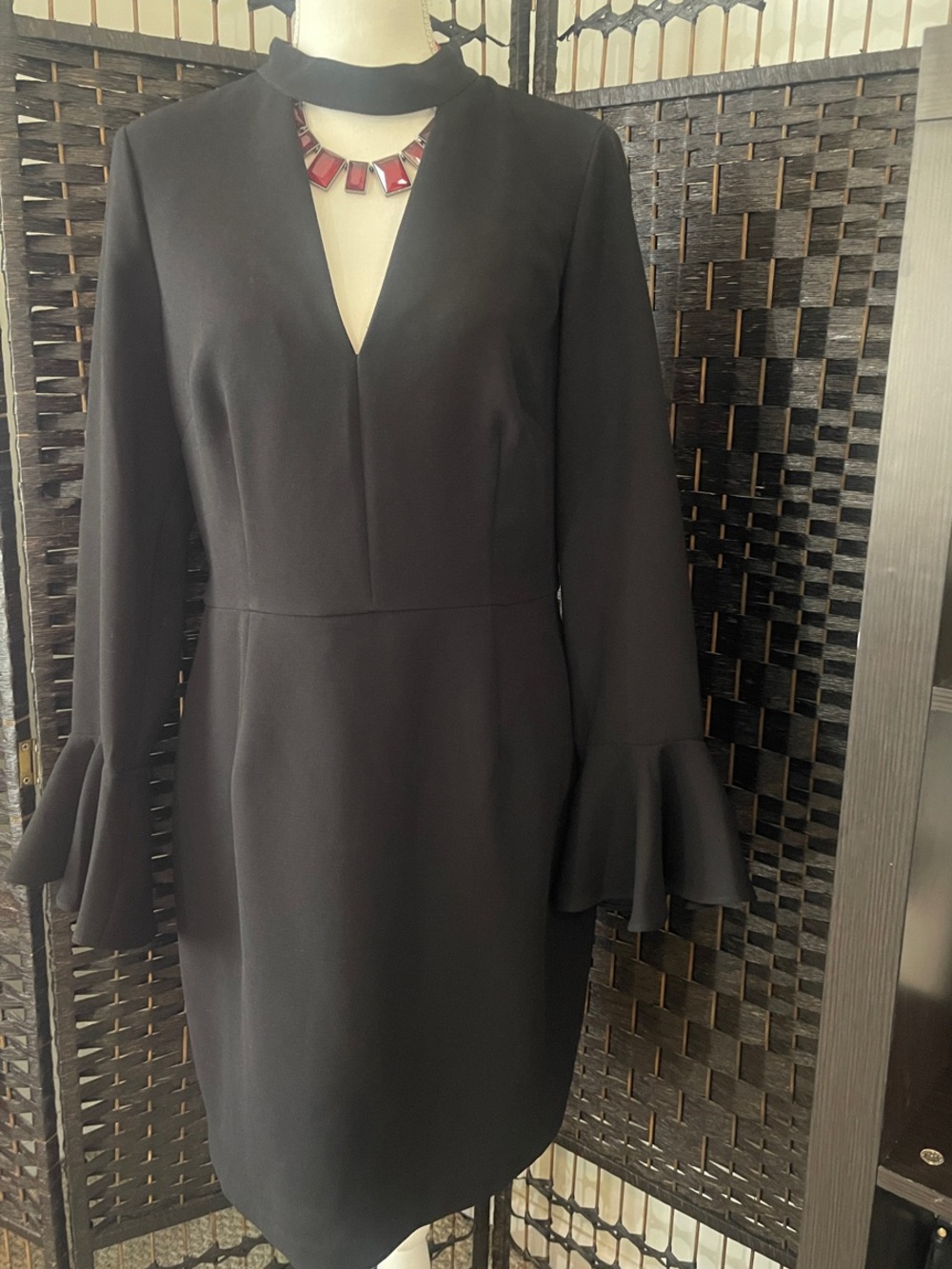 Vince Camuto Black Long Sleeve Dress with Fluted Cuffs and Choker Detail